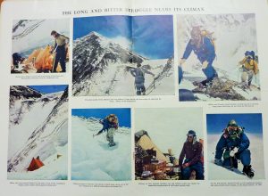 A double page spread from The Times Everest Colour Supplement titled 'The Long and Bitter Struggle Nears Its Climax'. The pages are filled with colour photos of various members of the expedition scaling the mountain, looking up at the looming peak, pictured at Base Camp cooking or looking through supplies and using ice axes to cut steps into the ice. 