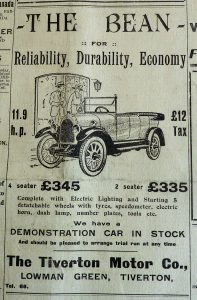 Newspaper advert for 'The Bean' a new motor car (in 1923) on sale at The Tiverton Motor Co, Lowman Green, Tiverton. There is an illustartion of the car and it is priced at £345 for a four seater version or £335 for the two seater. 