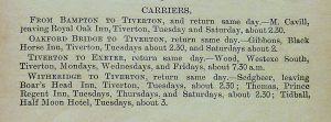 Newspaper cutting advertising journeys from various villages to and from Tiverton. 