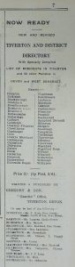 Newspaper cutting reading 'New and Revised Tiverton and District Directory with specially compiled list of residents in Tiverton and 50 other parishes in Devon and West Somerset. Printed and Published by Gregory & Son, Gazette Office, Tiverton.'