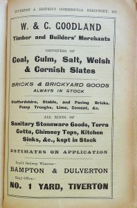 Advert from the Tiverton and District Commercial Directory for 'W & C Goodland, Timber and Builders' Merchants.'