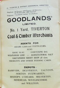 Advert from Tiverton and District Commercial Directory 1929 for Goodlands Coal and Timber Merchants