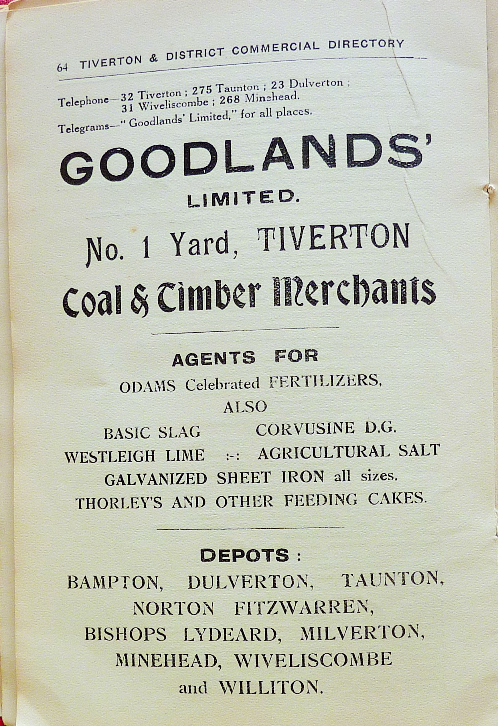 Advert from Tiverton and District Commercial Directory 1929 for Goodlands Coal and Timber Merchants