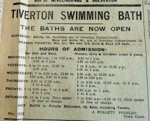 A newspaper advert for The Tiverton Swimming Bath - The Bathes Are Now Open. The advert details opening times and prices (adult admission 3d, including use of dressing compartment). 