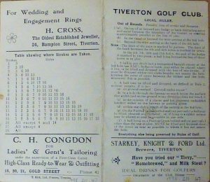 A golf score card for Tiverton Golf Club showing the local rules as well as adverts for H.Cross (jewellers), C.H. Congdon (Ladies' & Gents' Tailoring) and Starkey, Knight & Ford (Brewers). 