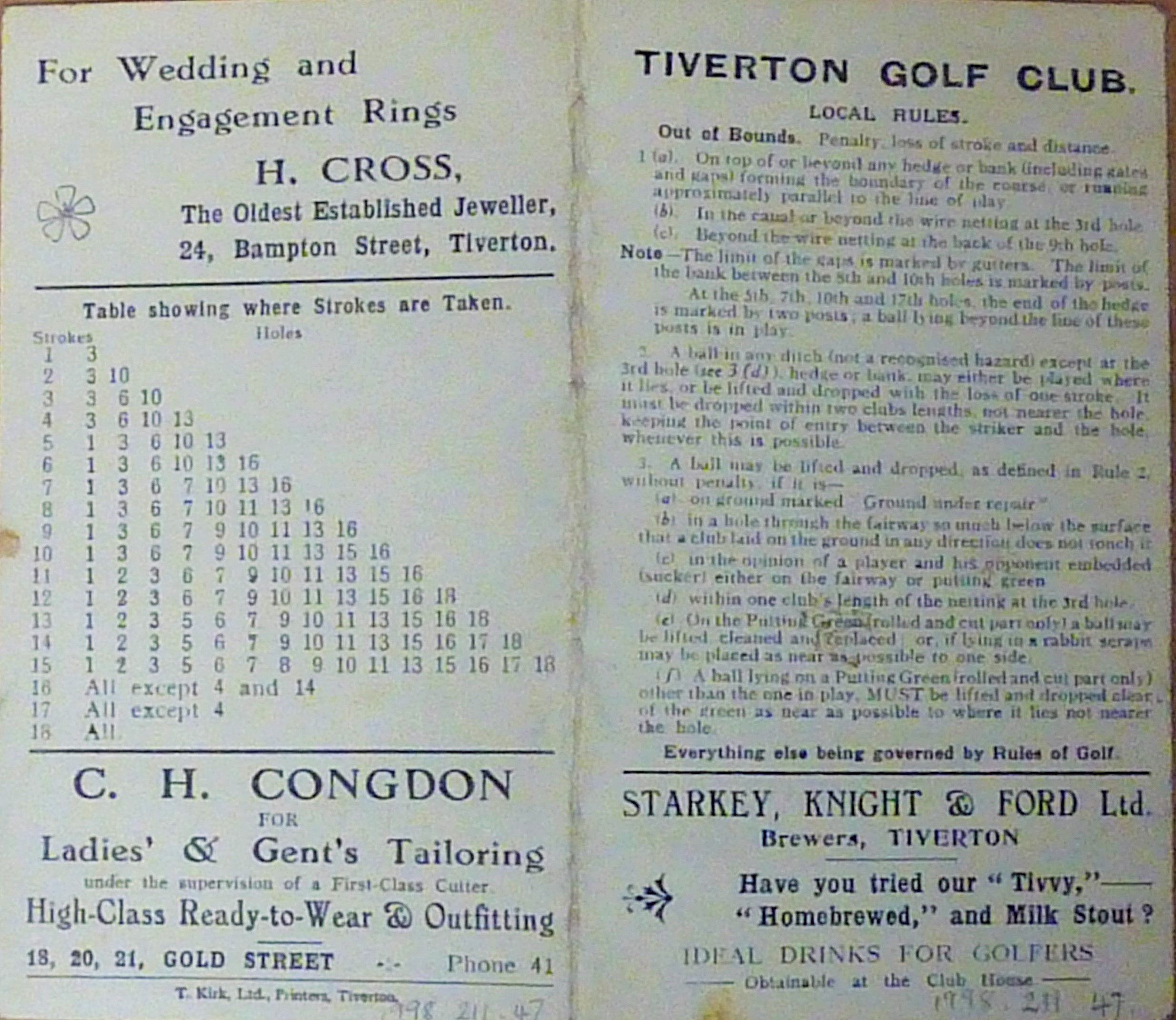 A golf score card for Tiverton Golf Club showing the local rules as well as adverts for H.Cross (jewellers), C.H. Congdon (Ladies' & Gents' Tailoring) and Starkey, Knight & Ford (Brewers).