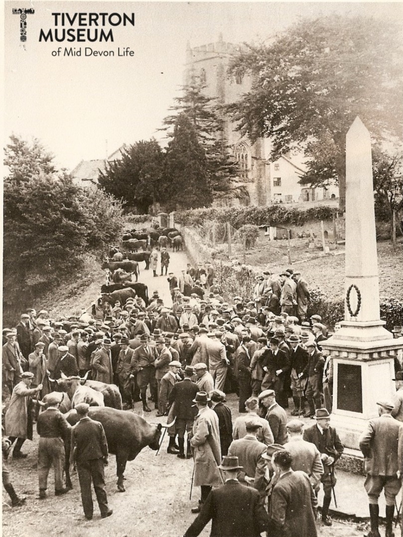 Culmstock Church in the background and War memorial in the foreground with crowds of people gathered. There are also several cows. The photo is captioned Culmstock Fair 1947