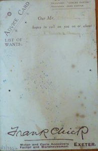 Advice Card from a Motor and Cycle Accessory Factor and Warehouseman. It advises that 'Our Mr. North hopes to call on you on or about Thursday' 