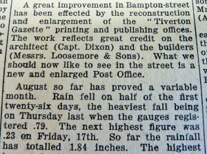 A cutting from a newspaper that reads: 'A great improvement in Bampton street has been effected by the reconstruction of the 'Tiverton Gazette' printing and publishing offices.' 