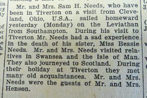 A newspaper cutting that gives details of a visit to Tiverton from a Mr and Mrs Needs of Cleveland, Ohio.