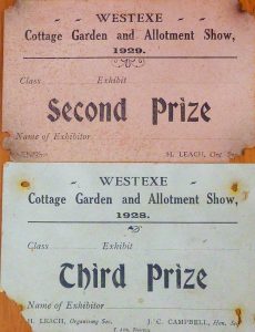 A second prize certificate from 1929 and a third prize certificate from 1928 both awarded for exhibits at the Westexe Cottage Garden and Allotment Show. 