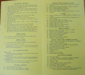 The inside of a programme from a flower show detailing the different prize categories. 