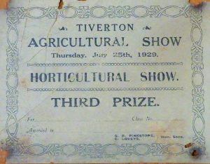 A certificate awarded for third prize at the Tiverton Agricultural Show on Thursday July 25th 1929