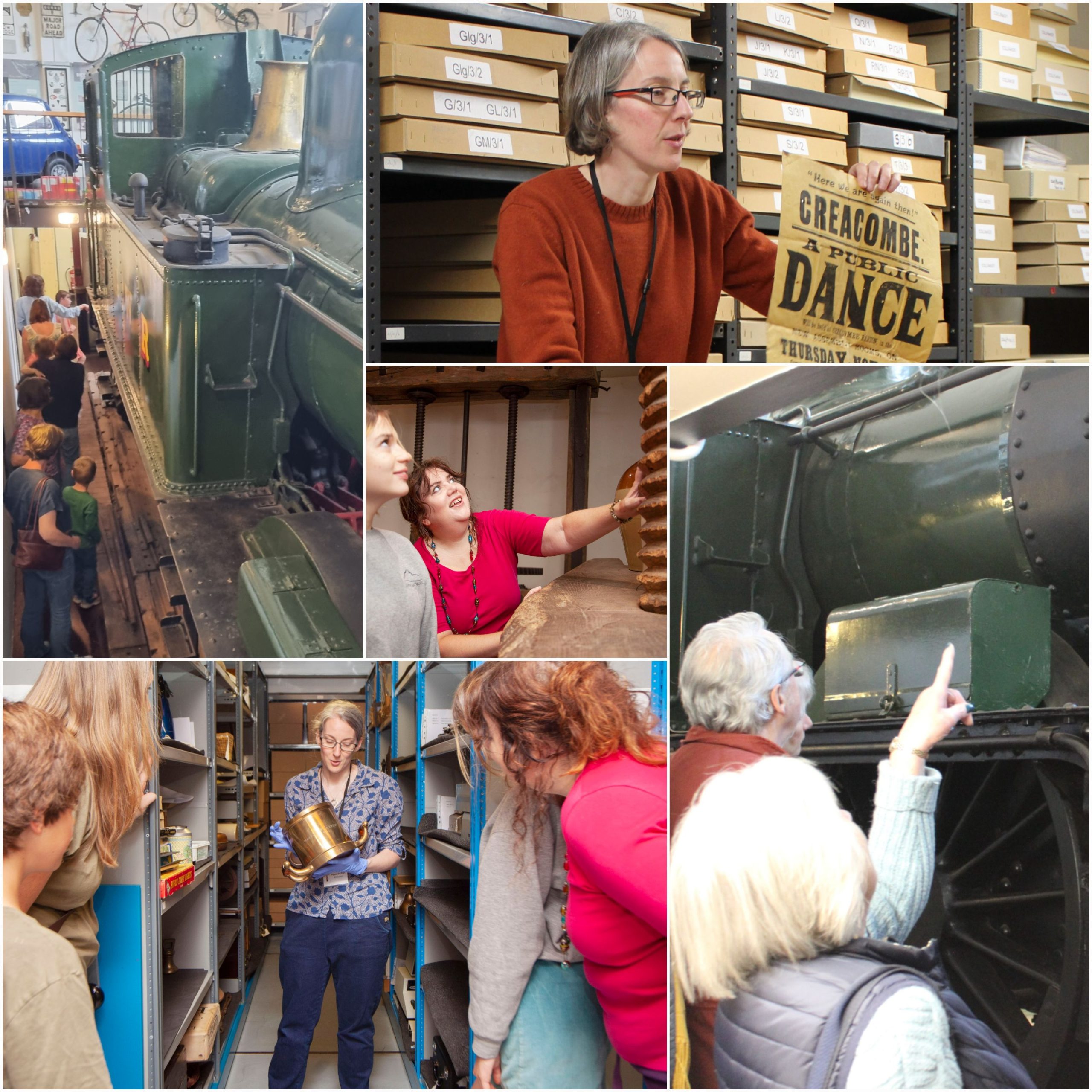 A collage of 5 different images. 1. Some museum visitors looking up at the Tivvy bumper steam engine, a large green locomotive. 2. A women with short hair and glasses wearing a lanyard holding up a poster in a museum store. 3. The back of a woman with short white hair pointing up at the Tivvy Bumper steam engine. 4. A woman wearing blue gloves standing in a museum store holding a a brass object up to a group of museum visitors. 5. A woman and a teenaged girl, both with long hair, looking at a museum object.