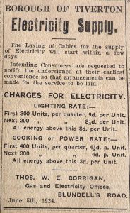 Newspaper cutting about the introduction of electricity supply in the borough of Tiverton